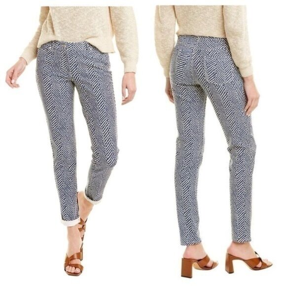 J. McLaughlin Lexi Blue White Printed Herringbone Jeans 6 - Picture 1 of 9